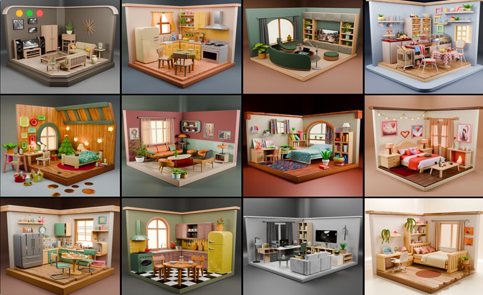 模型资产 – 风格化等距房间模型 Isometric Rooms Collection Bedrooms Kitchens Living Rooms Low-poly 3D model
