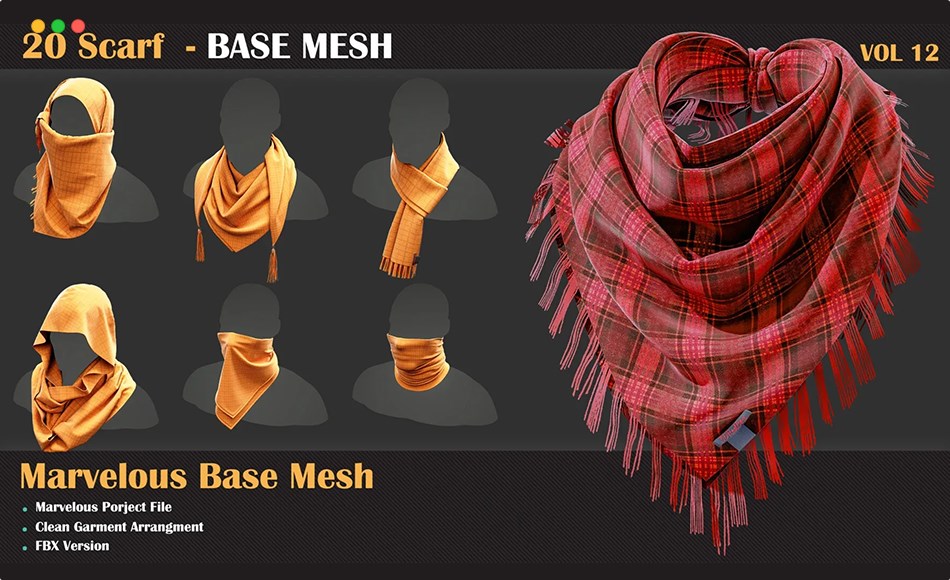 模型资产 – 20 条围巾模型 20 Scarf BASE MESH – VOL 12
