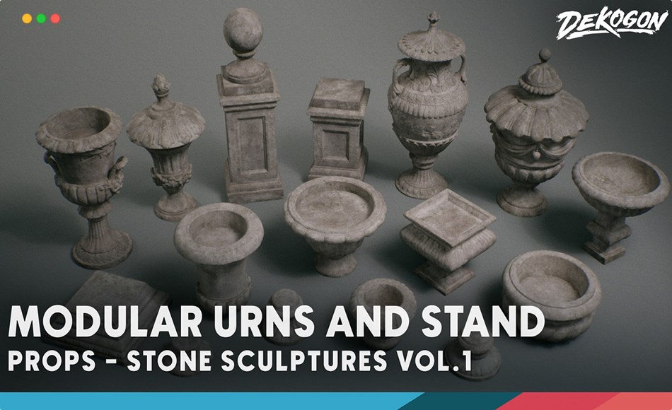 【UE5】石雕器皿 Stone Sculptures VOL.l – Modular Urns & Stand (Nanite + Low Poly)