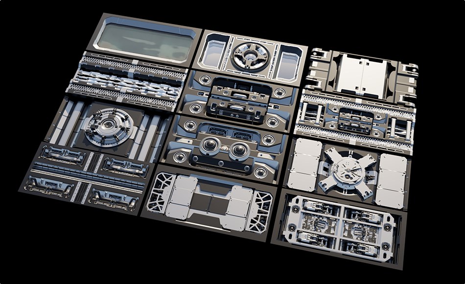 模型资产 – 硬表面科幻面板 12 Sci-Fi Panels