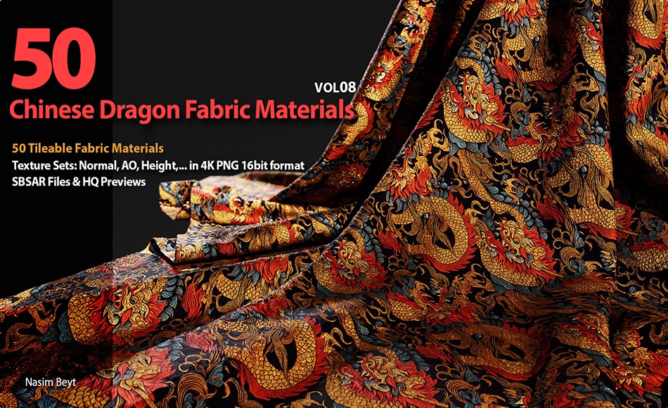 50 组中国龙布程序化布料材质 50 Tileable Chinese Dragon Fabric Materials-VOL08. SBSAR+4K PBR Materials