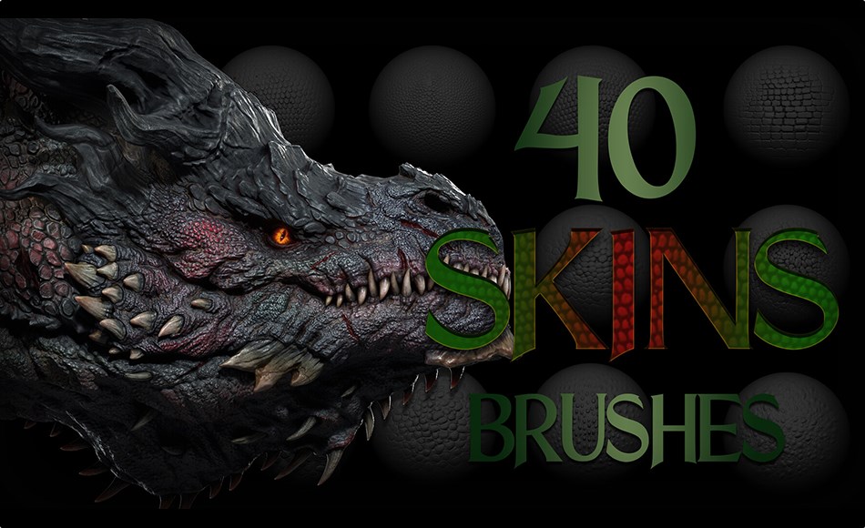 Zbrush笔刷 – 40 组龙和爬行动物皮肤笔刷 Zbrush + Blender – 40 Dragons and Reptiles Skins Brushes Zbrush笔刷 – 40 组龙和爬行动物皮肤笔刷 Zbrush + Blender – 40 Dragons and Reptiles Skins Brushes