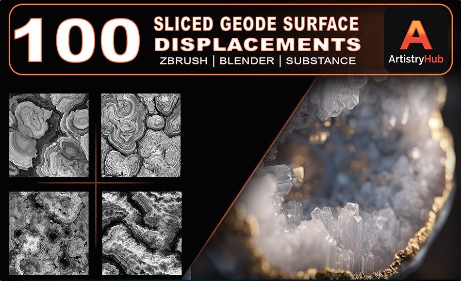 100 张切片水晶洞表面位移贴图 100 Sliced Geode Surface Displacement Maps