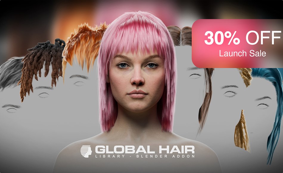 Blender插件 – 发型预设资产库 Globalhair – For Any Character – Hair Library