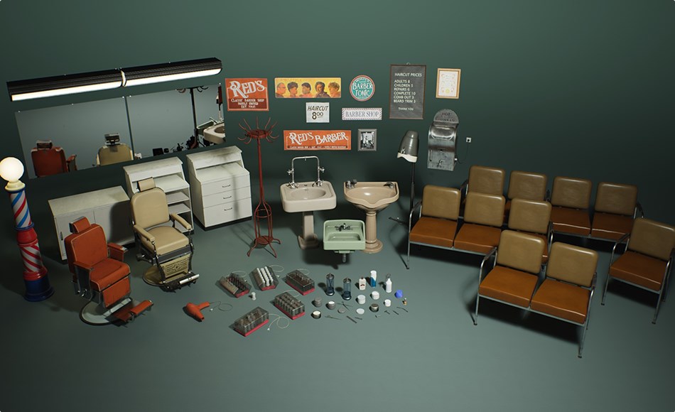 【UE5】理发店资产道具 Jobsite VOL.7 – Barber (Nanite + Low Poly)