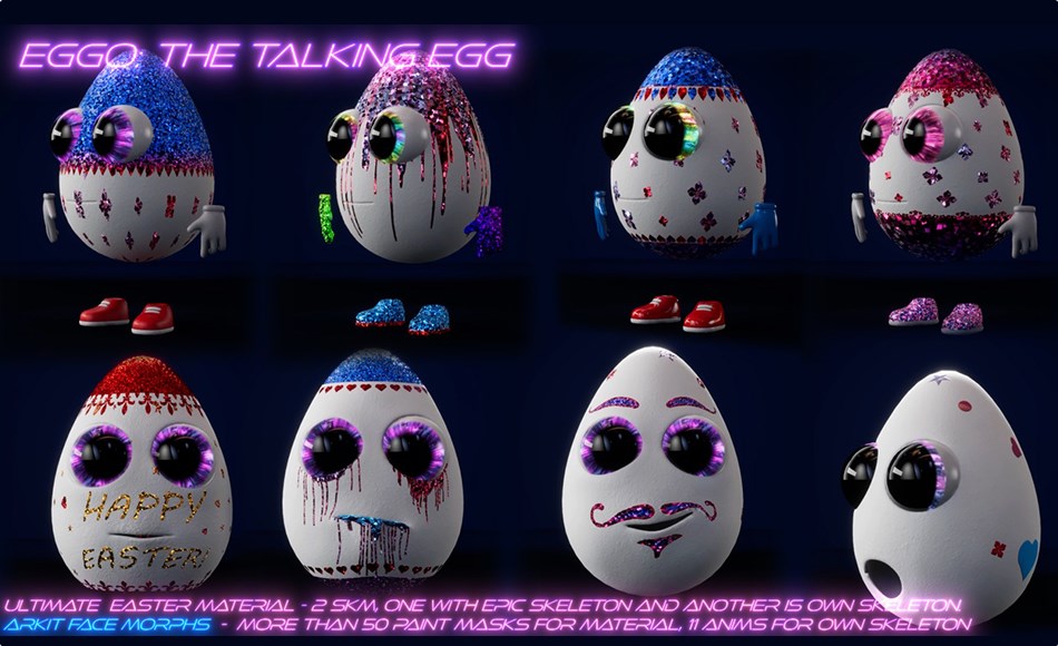 【UE5】Eggo the Talking Egg, face morphs, epic skeleton, skins and ultimate material