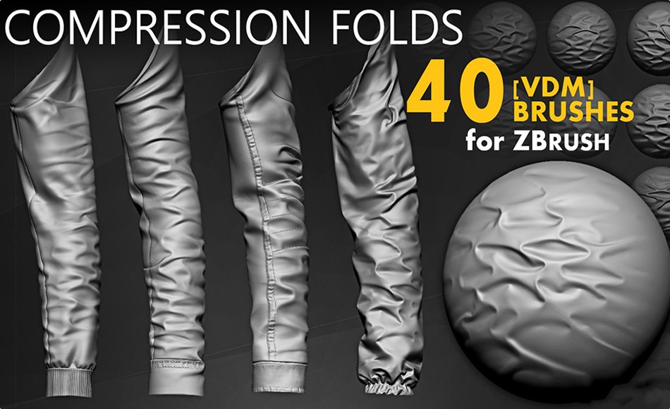 Zbrush笔刷 – 40组织物褶皱笔刷 Leather & Fabric Compression Folds