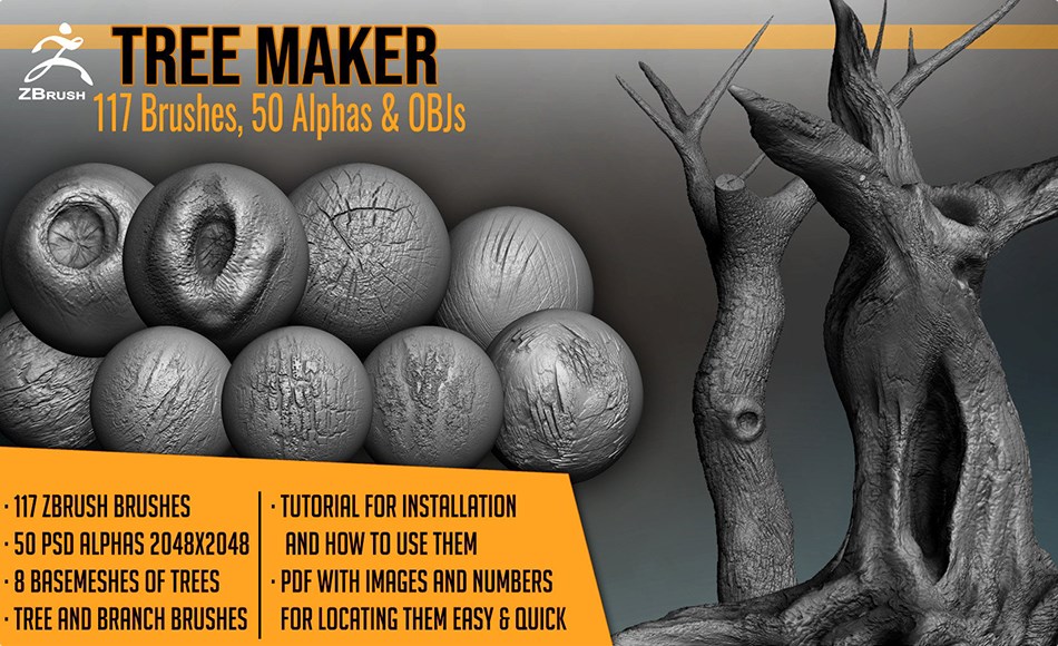 Zbrush笔刷 – 树木笔刷 Tree Maker: 117 ZBrush Brushes, 50 Alphas and 8 Tree Basemeshes