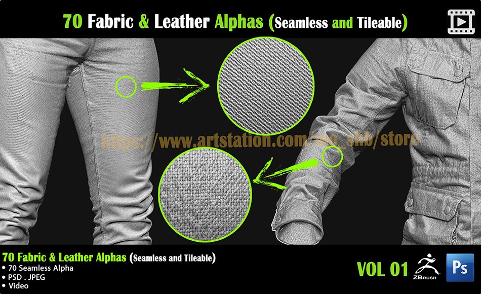 70 种织物皮革贴图纹理 70 Fabric & Leather Alphas (Seamless and Tileable) + Video