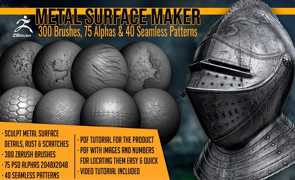 Zbrush笔刷 – 300 种金属锈迹划痕磨损笔刷 Metal Surface Maker 300 ZBrush Brushes
