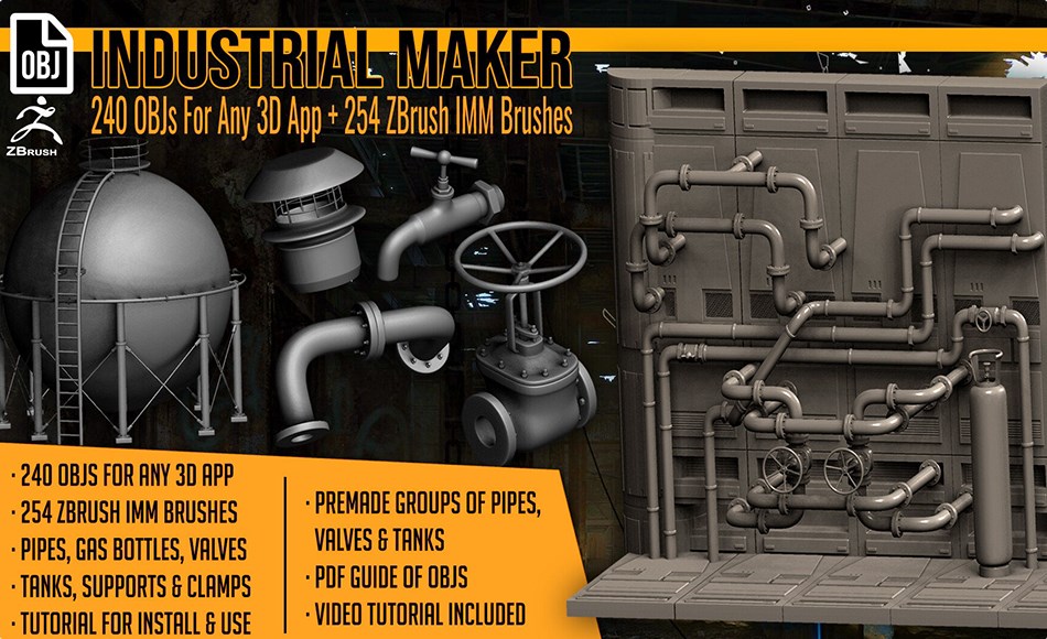 Zbrush笔刷 – 管道阀门煤气笔刷资产 Industrial Maker 240 OBJs and 254 ZBrush IMM Brushes