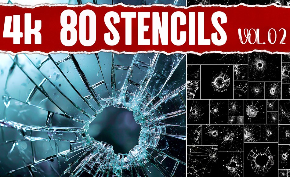 100 张玻璃破碎裂纹划痕纹理素材 100 4K PNG Stencil VOL.02|4K PNG Imperfections