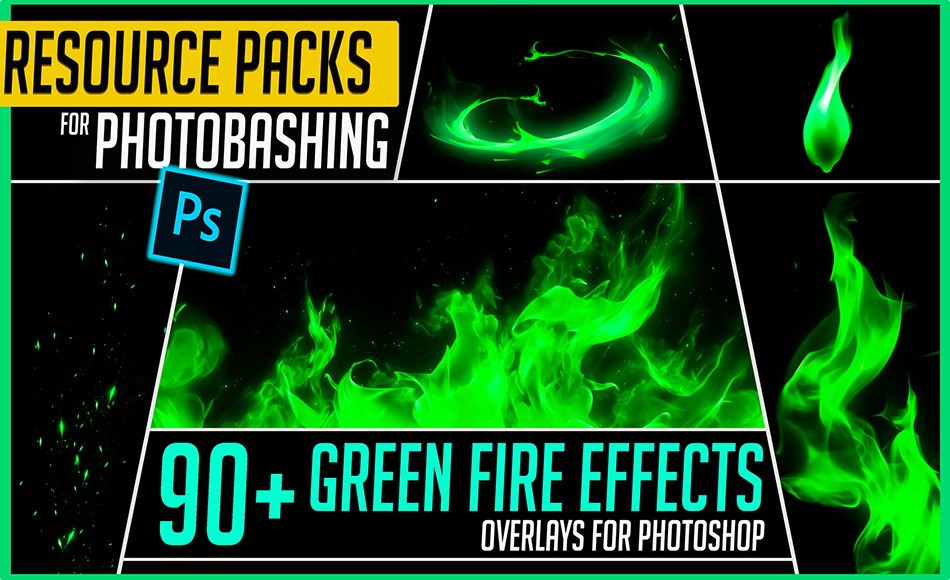 90 种绿色火焰叠加特效 90+ Green Fire Overlay Effects – Resources Pack