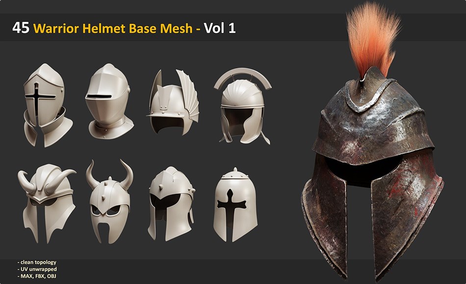 模型资产 – 45 组战士头盔模型 45 Warrior Helmet Base Mesh – Vol 1