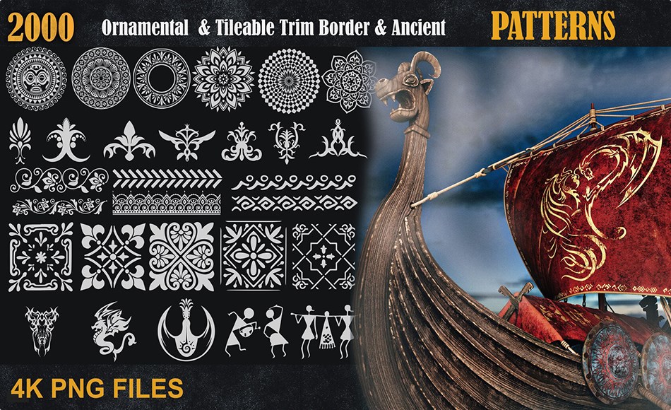 2000 种古代边框装饰图案  2000 Ornamental & Tileable Trim Border & Ancient Patterns