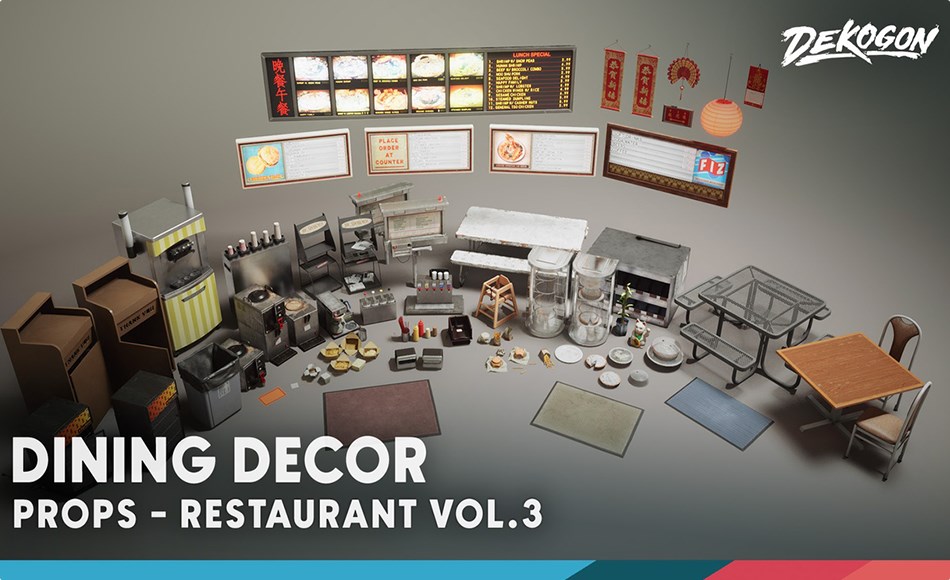 【UE5】餐厅装饰道具 Restaurant VOL.3 – Dining Decor (Nanite and Low Poly)