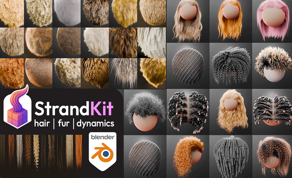 Blender插件 – 程序化动态毛发资产 Strandkit | The Hair, Fur & Dynamics Library