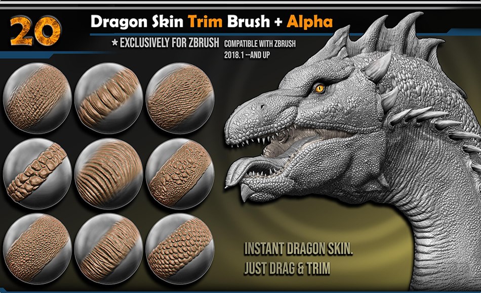 Zbrush笔刷 – 写实恐龙皮肤笔刷 Dragon Skin Trim Brush + Alpha | Vol.04