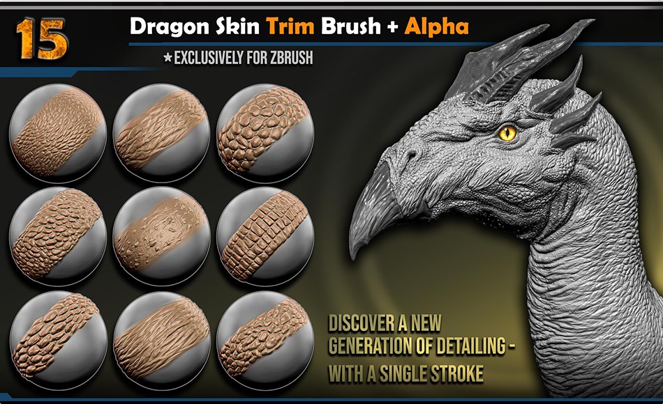 Zbrush笔刷 – 写实恐龙皮肤笔刷 Dragon Skin Trim Brush + Alpha | Vol.01