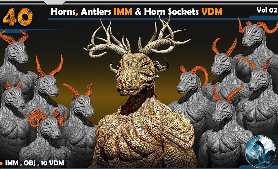 Zbrush笔刷 – 触角笔刷 Horns and Antlers IMM & Horn Sockets VDM Vol 02