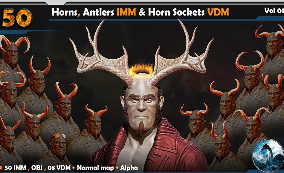 Zbrush笔刷 – 触角笔刷 Horns and Antlers IMM & Horn Sockets VDM Vol 01