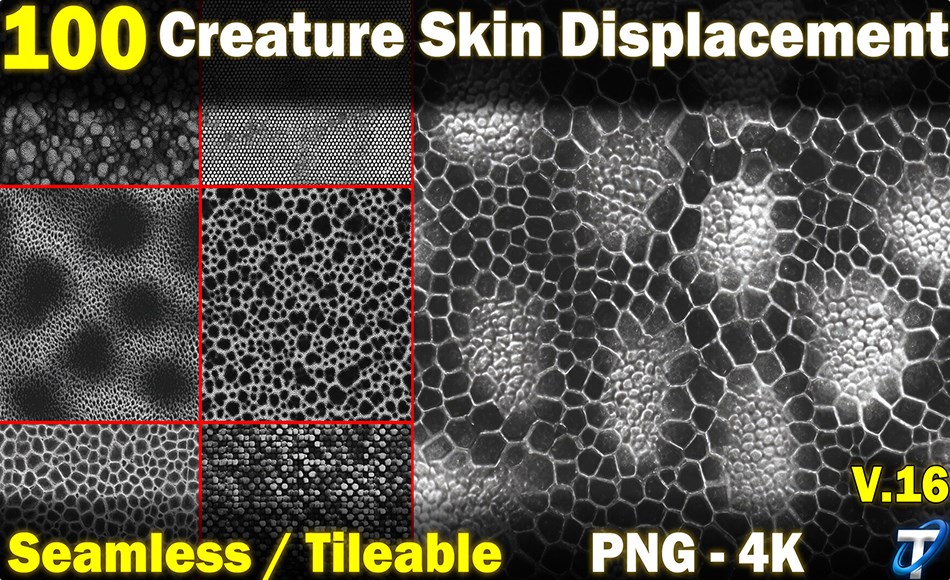 100 组写实生物皮肤置换贴图 100 Ultra High-Quality Creature Skin Displacements / Creature Skin Alpha (Seamless and Tileable) Vol 16