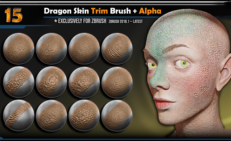 Zbrush笔刷 – 写实恐龙皮肤笔刷 Dragon Skin Trim Brush + Alpha | Vol.03