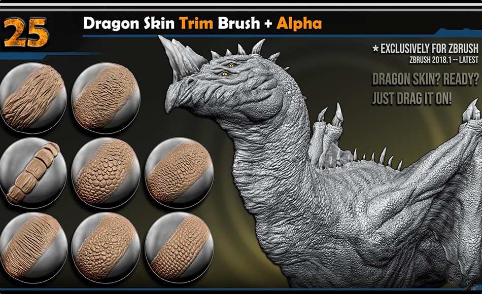 Zbrush笔刷 – 写实恐龙皮肤笔刷 Dragon Skin Trim Brush + Alpha | Vol.02