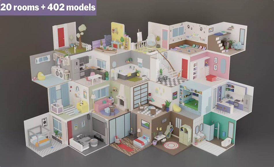 Unity资产 – 风格化房间内饰 Low Poly Rooms Interiors 2