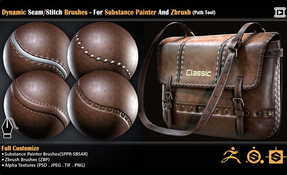 Zbrush笔刷 – 动态接缝笔刷 Dynamic Seam/Stitch Brushes – For Substance Painter And Zbrush (Path Tool)