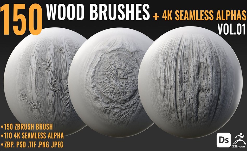 Zbrush笔刷 – 150支木纹笔刷 150 WOOD BRUSHES + 4K SEAMLESS ALPHAS – VOL 01
