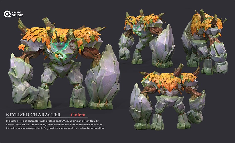 模型资产 – 石像游戏角色模型 ArcadeStudio character GOLEM | T-Pose | Textures Included