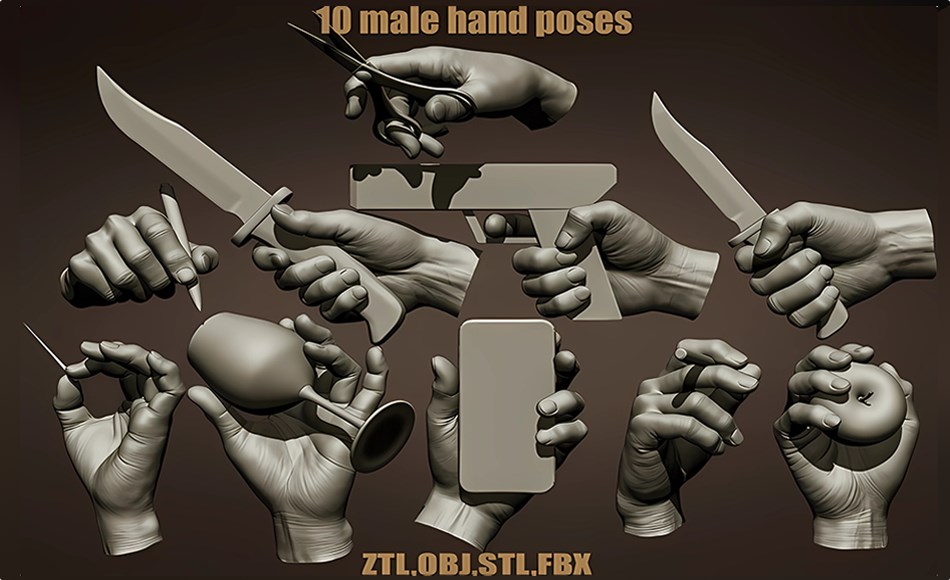 模型资产 – 10 组男性手部姿势模型 10 Male hand poses