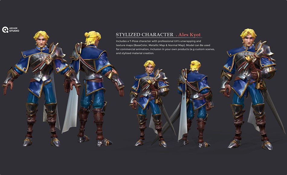 模型资产 – 风格化骑士游戏角色 ArcadeStudio CH_AlexKyot | T-pose | Texture Maps