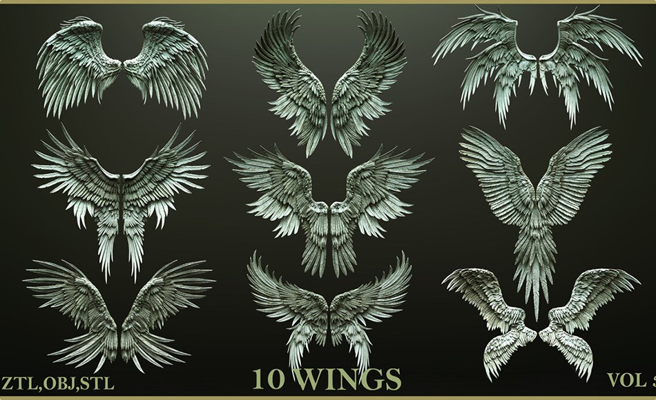 模型资产 – 10 组高精度翅膀模型 10 Wings High-Poly 3D Models ZTL+OBJ+STL