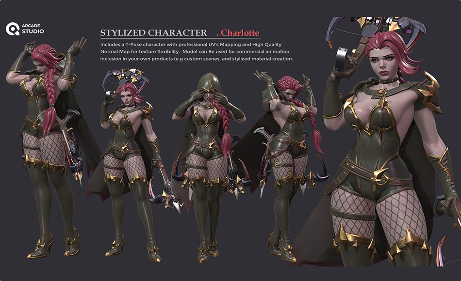 模型资产 – 夏洛特游戏角色模型 ArcadeStudio character Charlotte | T-Pose | Textures Included | Updates : Textures ( BaseColor, Metallic, Normal Map)