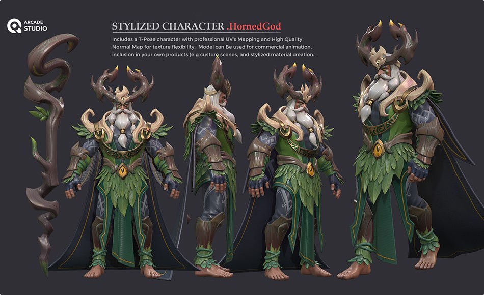 模型资产 – 风格化游戏角色 ArcadeStudio character HornedGod | T-Pose | Textures Included | Updates : Textures ( BaseColor, Metallic, Normal Map)