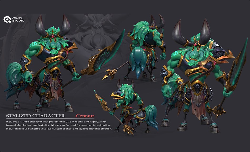 模型资产 – 风格化半人马游戏角色 ArcadeStudio character CENTAUR | T-Pose | Textures Included | Updated : Textured