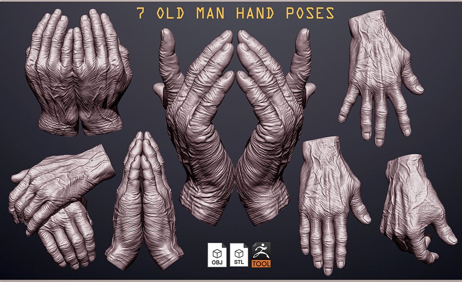 模型资产 – 老人手部姿势模型 7 Old man hand poses ZTL+OBJ+STL