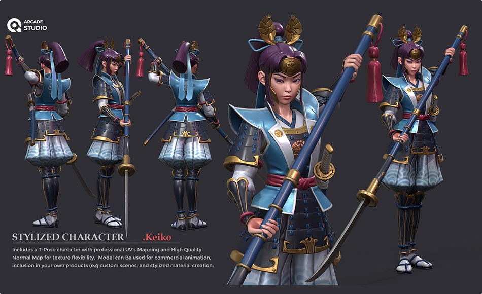 模型资产 – 风格化游戏角色 ArcadeStudio character Keiko | T-Pose | Textures Included | Updated : Textured
