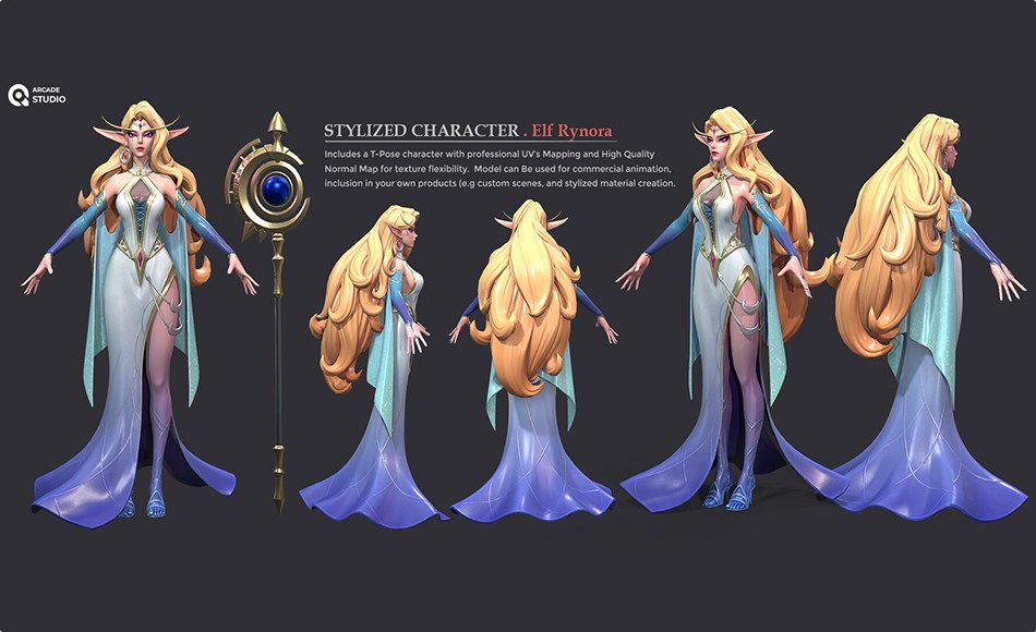 模型资产 – 风格化精灵游戏角色 Arcade Studio Character Elf Rynora | T-Pose | Texture Maps