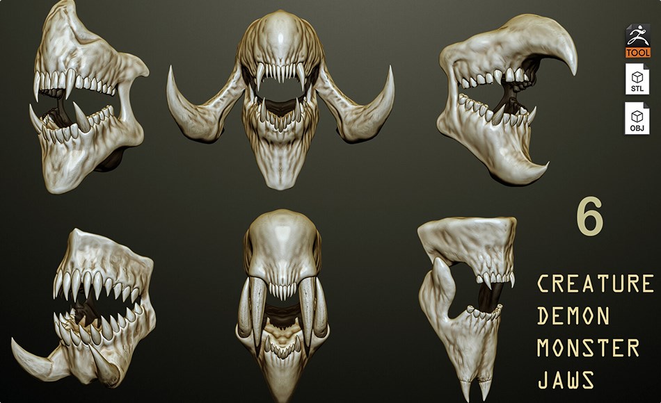 模型资产 – 生物下颚模型 6 Creature + Monster Jaws – Open+Closed OBJs , STL and ZTL