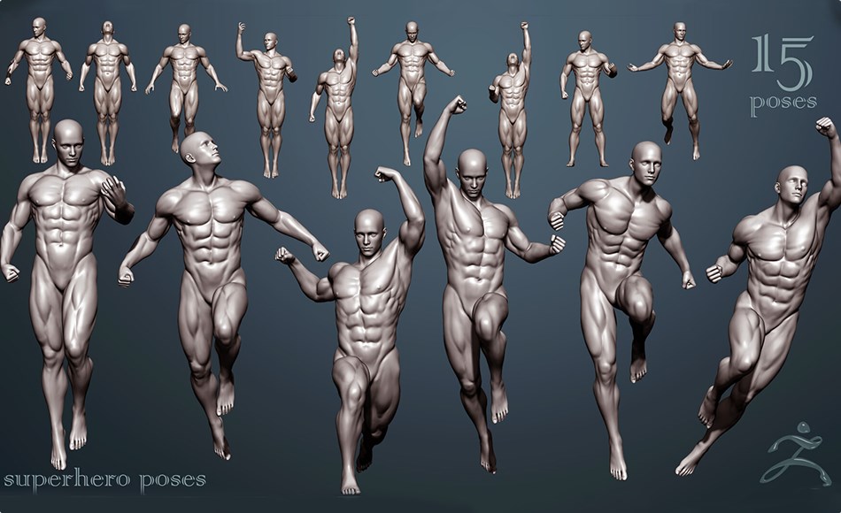模型资产 – 超级英雄全身姿势 15 Superhero Poses -Full Body – ZTL+OBJ+STL