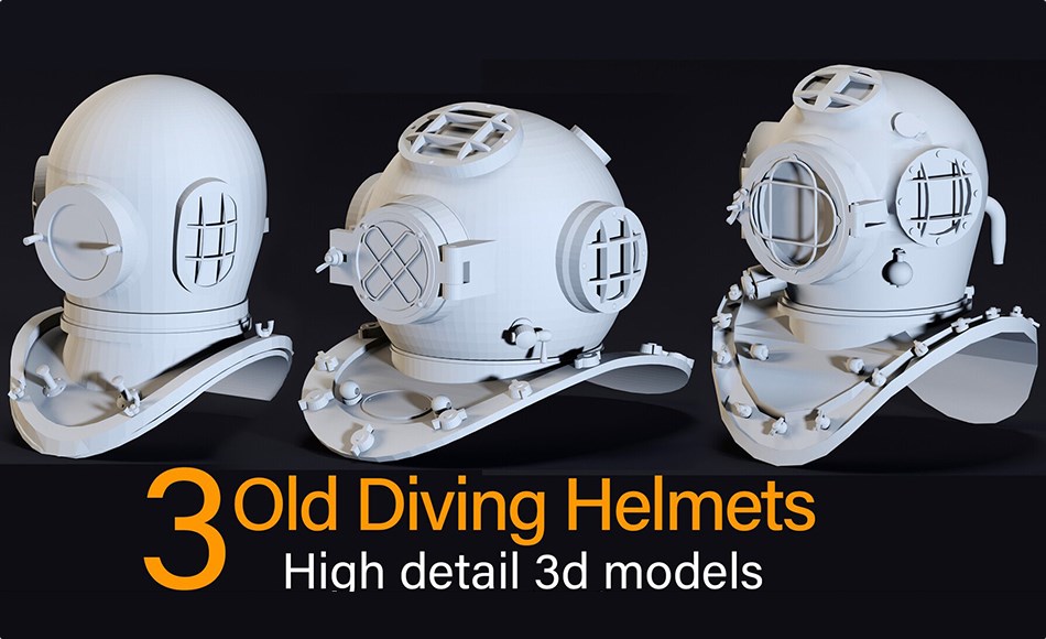模型资产 – 3 种高细节旧潜水头盔3d 模型  3 Old Diving Helmets- High detail 3d models