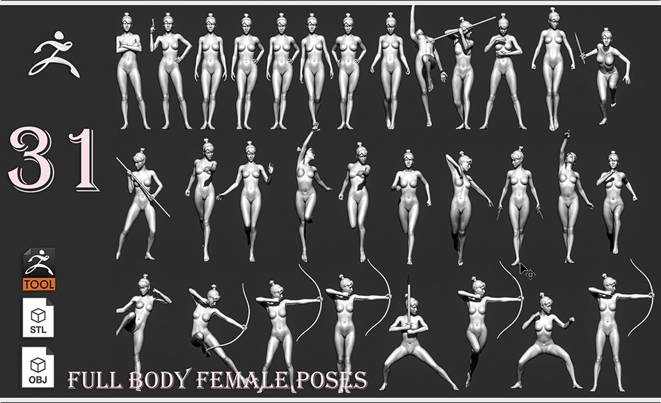 模型资产 – 女性全身姿势模型 31 Female full body poses ZTL+OBJ+STL