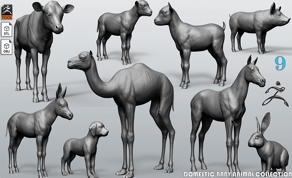 模型资产 – 家养幼崽动物模型 Domestic Baby animal collection – 9 animals ZTL+OBJ+STL