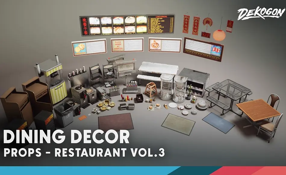 【UE5】餐厅装饰道具 Restaurant VOL.3 – Dining Decor (Nanite and Low Poly)