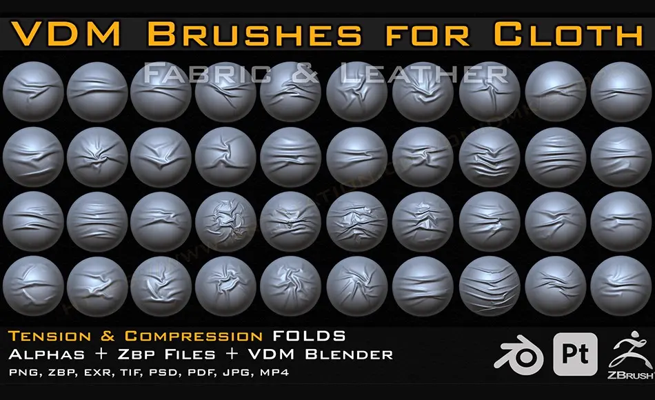 Zbrush笔刷 – 70 组布料皮革织物褶皱笔刷 70 VDM Brushes Cloth Leather & Fabric Brushes Zbrush笔刷 – 70 组布料皮革织物褶皱笔刷 70 VDM Brushes Cloth Leather & Fabric Brushes