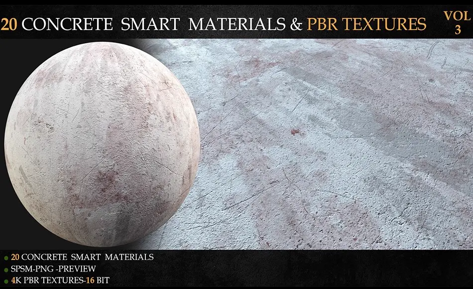 20 种混凝土智能材质和 PBR 纹理 20 CONCRETE SMART MATERIALS & PBR TEXTURES-VOL 3