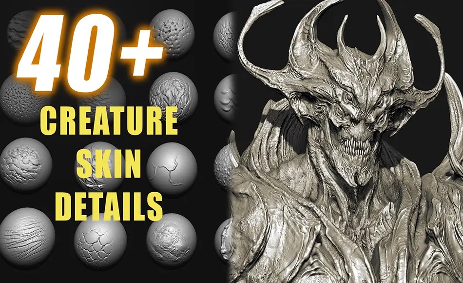 Zbrush笔刷 – 42 款生物皮肤细节笔刷 42 Creature Skin Detail Brushes – Custom Made